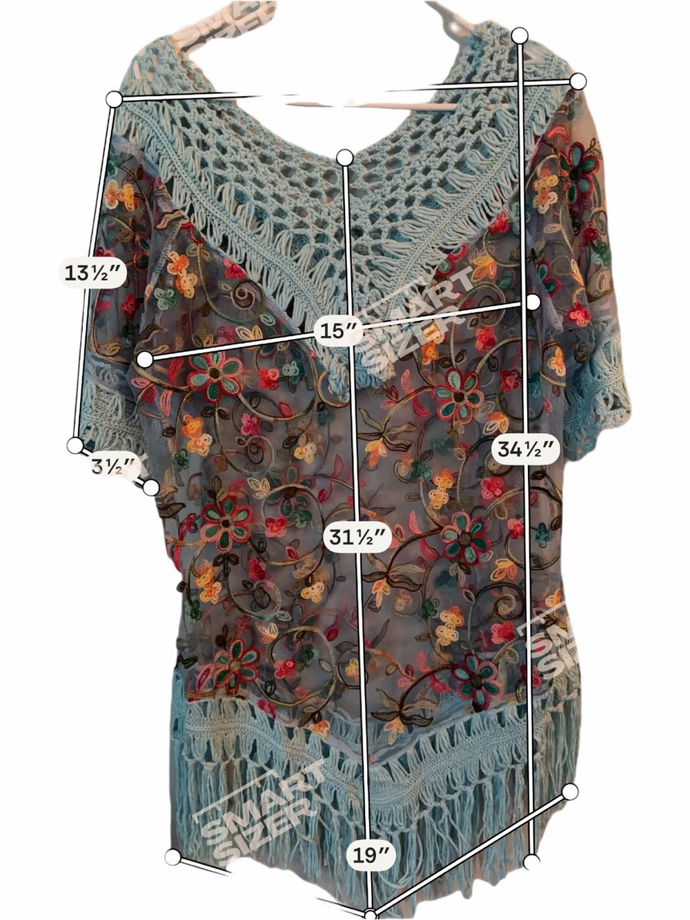 Casa Amayal Sheer Embroidered Crochet Fringe Boho Beach Cover Up OS - Picture 5 of 9